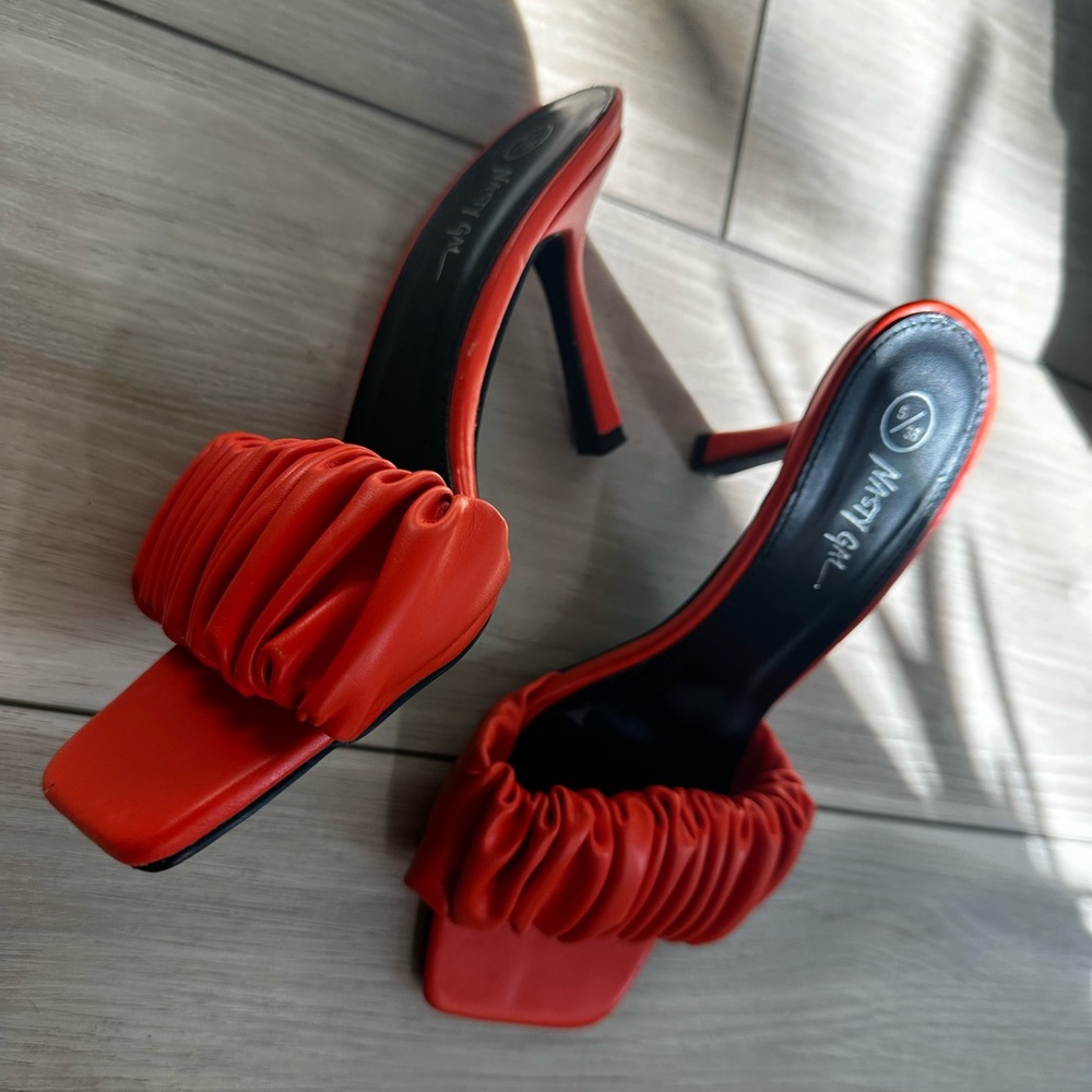 Faux Leather Ruched Heel, Women’s Size 7 - Worn Once, Brick Red Color